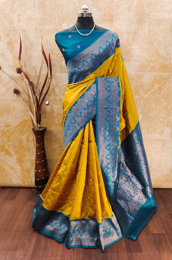 Attractive Yellow & Blue Color Look Soft Silk With designer Blouse