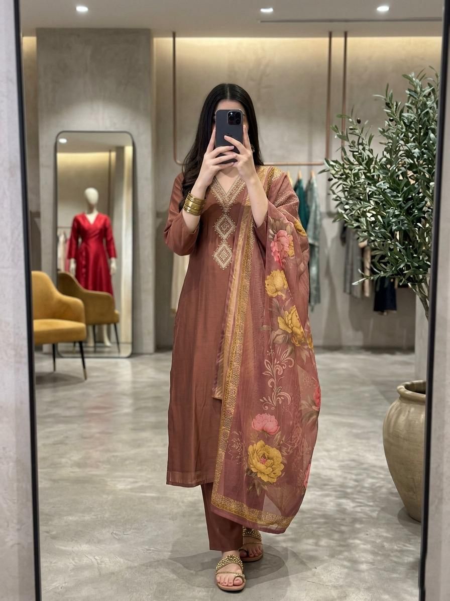 Stylish Embroidered Kurta Set with Dupatta Party Wear Ethnic Kurti Pant Set
