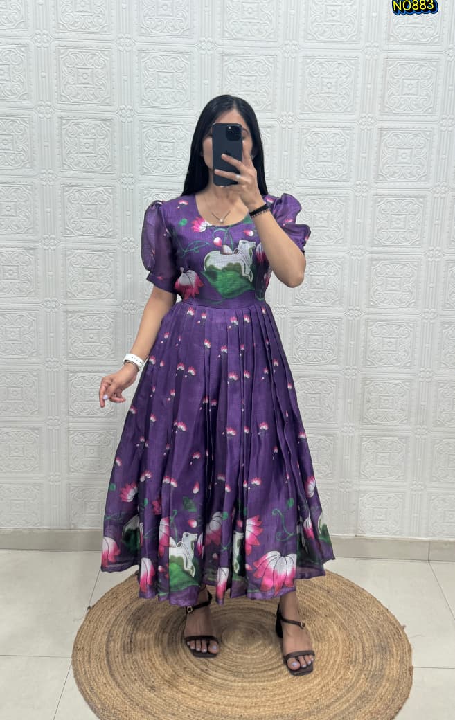Stylish Dress Made From Soft Kota Fabric With Print Work And Stylish Pattern Gown