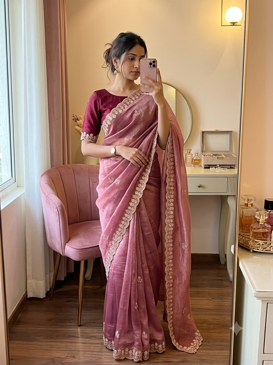 Stunning Look Crushy Sequence Work Saree With Havey Sequence Work Blouse