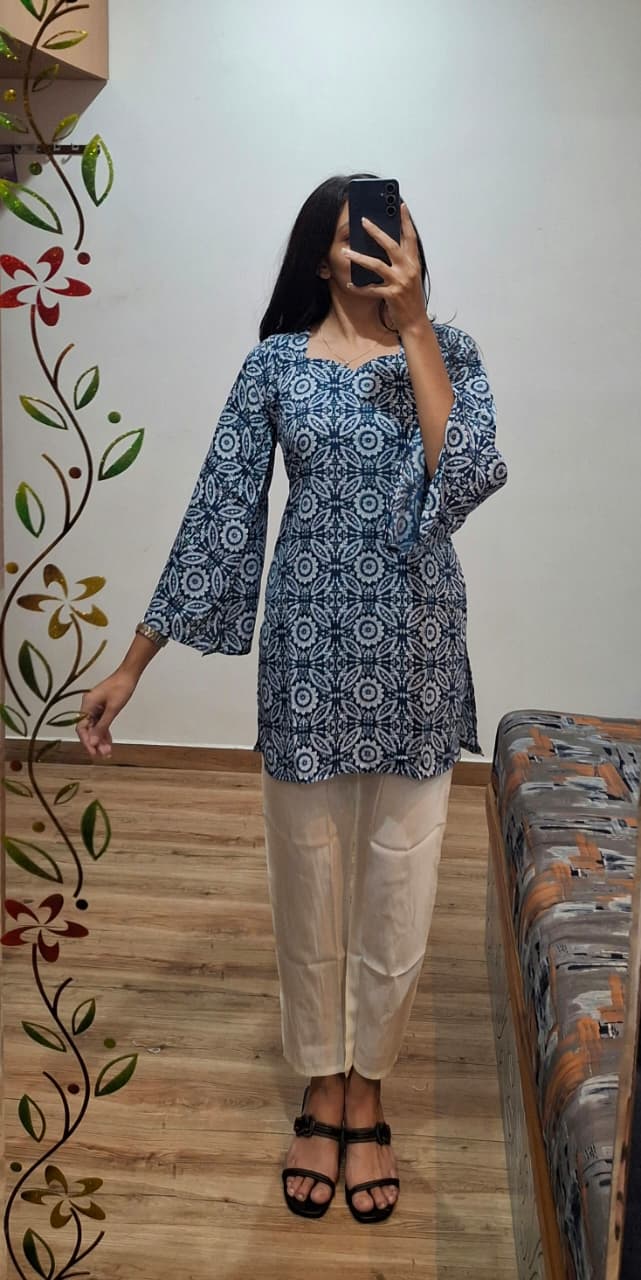 Blue Printed Cotton Straight Short Kurti