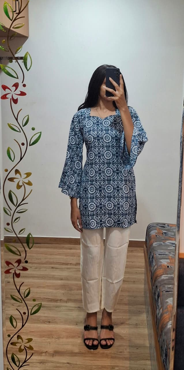 Blue Printed Cotton Straight Short Kurti