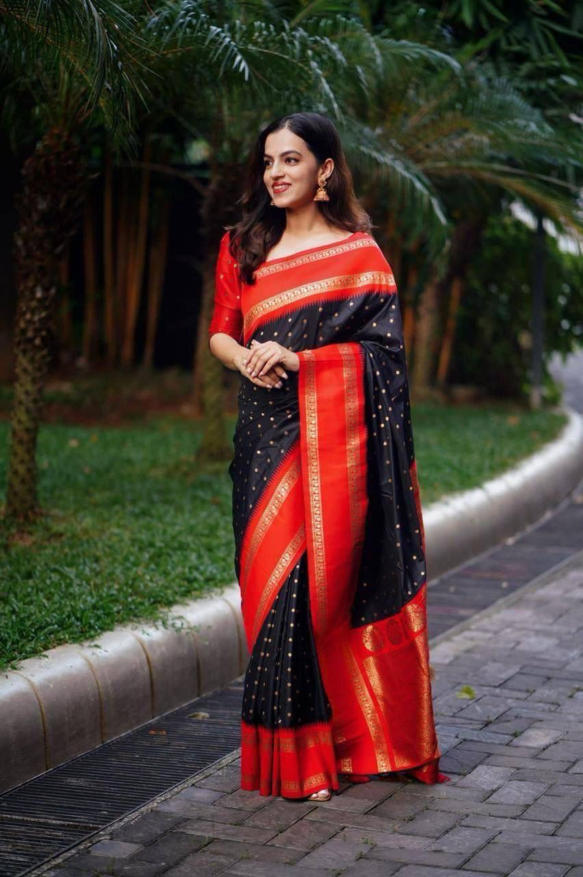 Attractive Black & Red  Look Soft Silk With designer Blouse