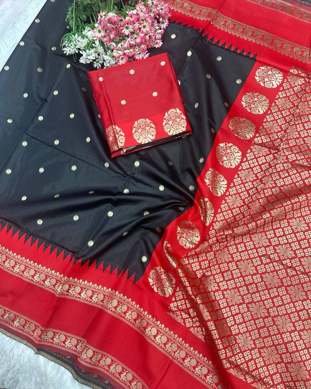 Attractive Black & Red  Look Soft Silk With designer Blouse
