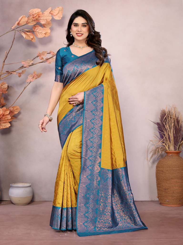 Attractive Yellow & Blue Color Look Soft Silk With designer Blouse