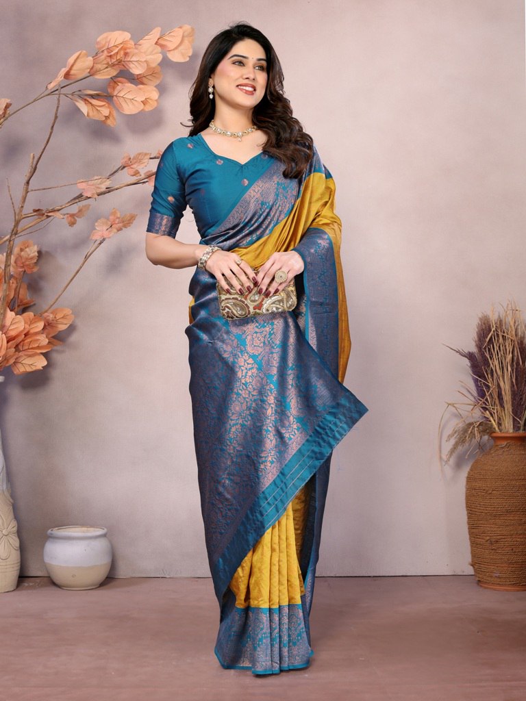 Attractive Yellow & Blue Color Look Soft Silk With designer Blouse
