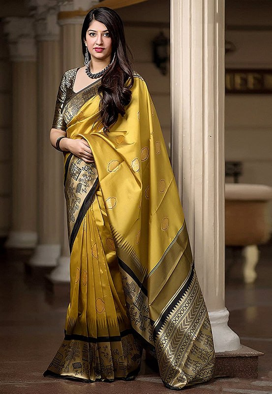 Beautiful Yellow & Blue Color Look Soft Silk With designer Blouse