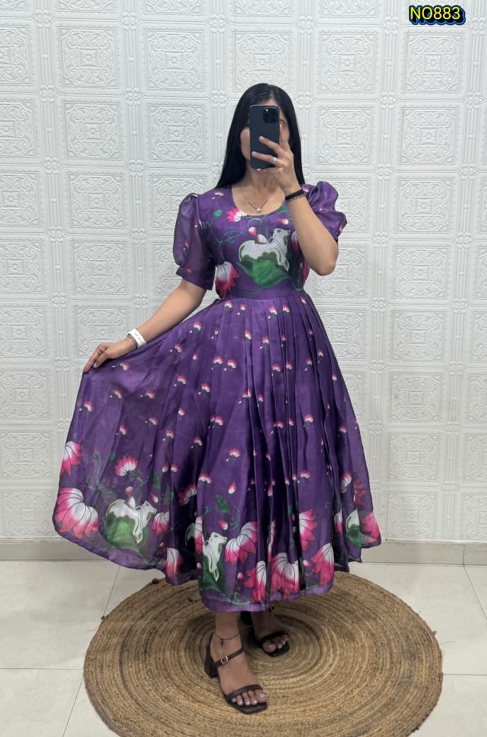 Stylish Dress Made From Soft Kota Fabric With Print Work And Stylish Pattern Gown