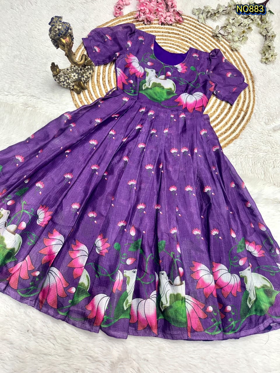 Stylish Dress Made From Soft Kota Fabric With Print Work And Stylish Pattern Gown