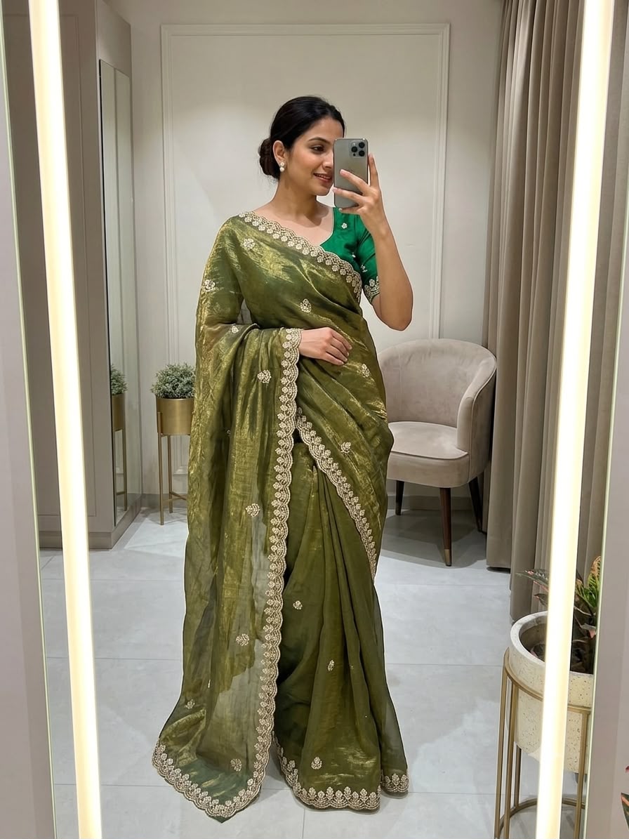 Stunning Look Crushy  Sequence Work Saree With Havey Sequence Work Blouse
