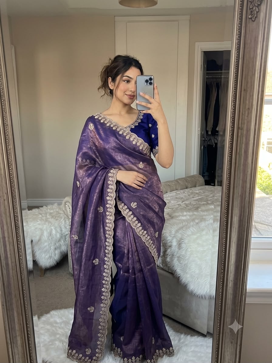 Stunning Look Crushy  Sequence Work Saree With Havey Sequence Work Blouse