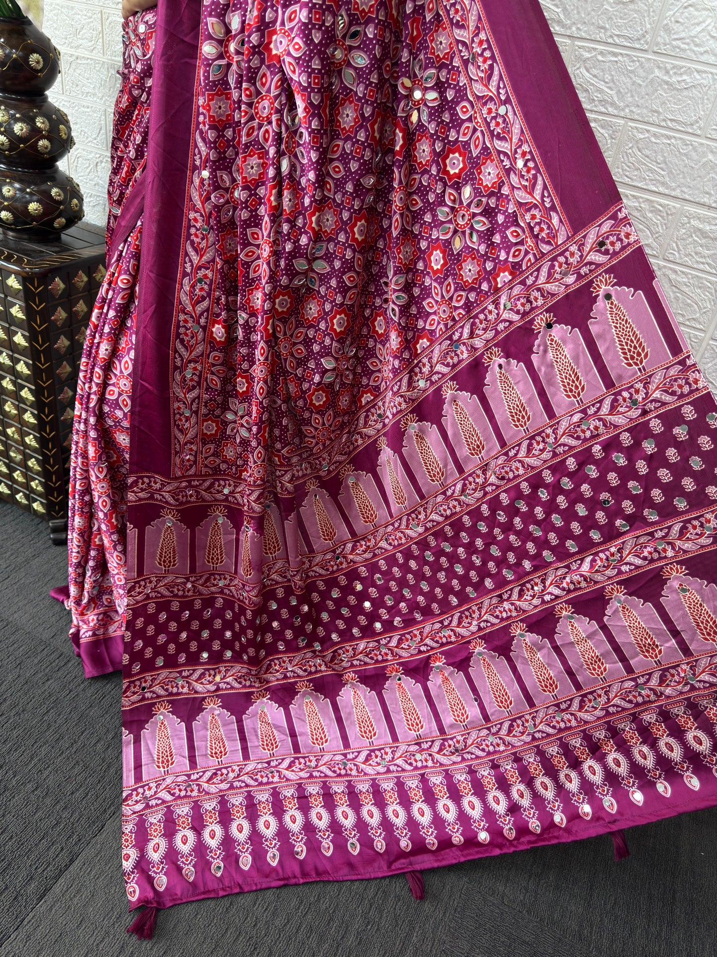SupeDesign Lunch Real Mirror Work Semi Gajji Silk Soft and Smooth Saree