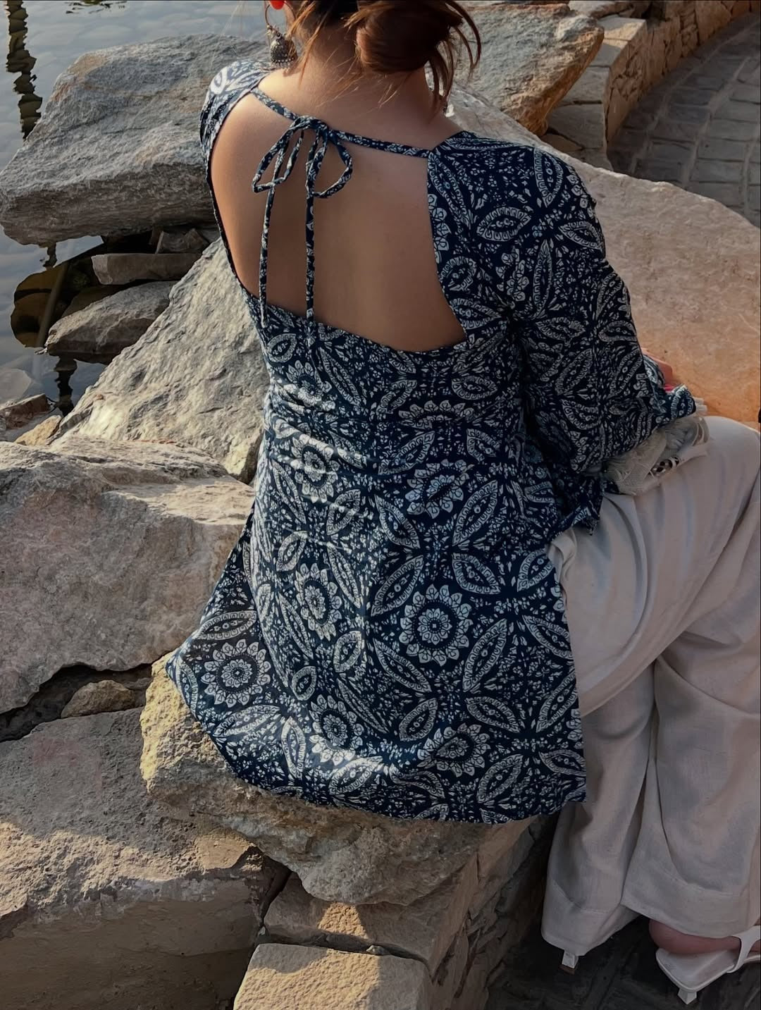 Blue Printed Cotton Straight Short Kurti