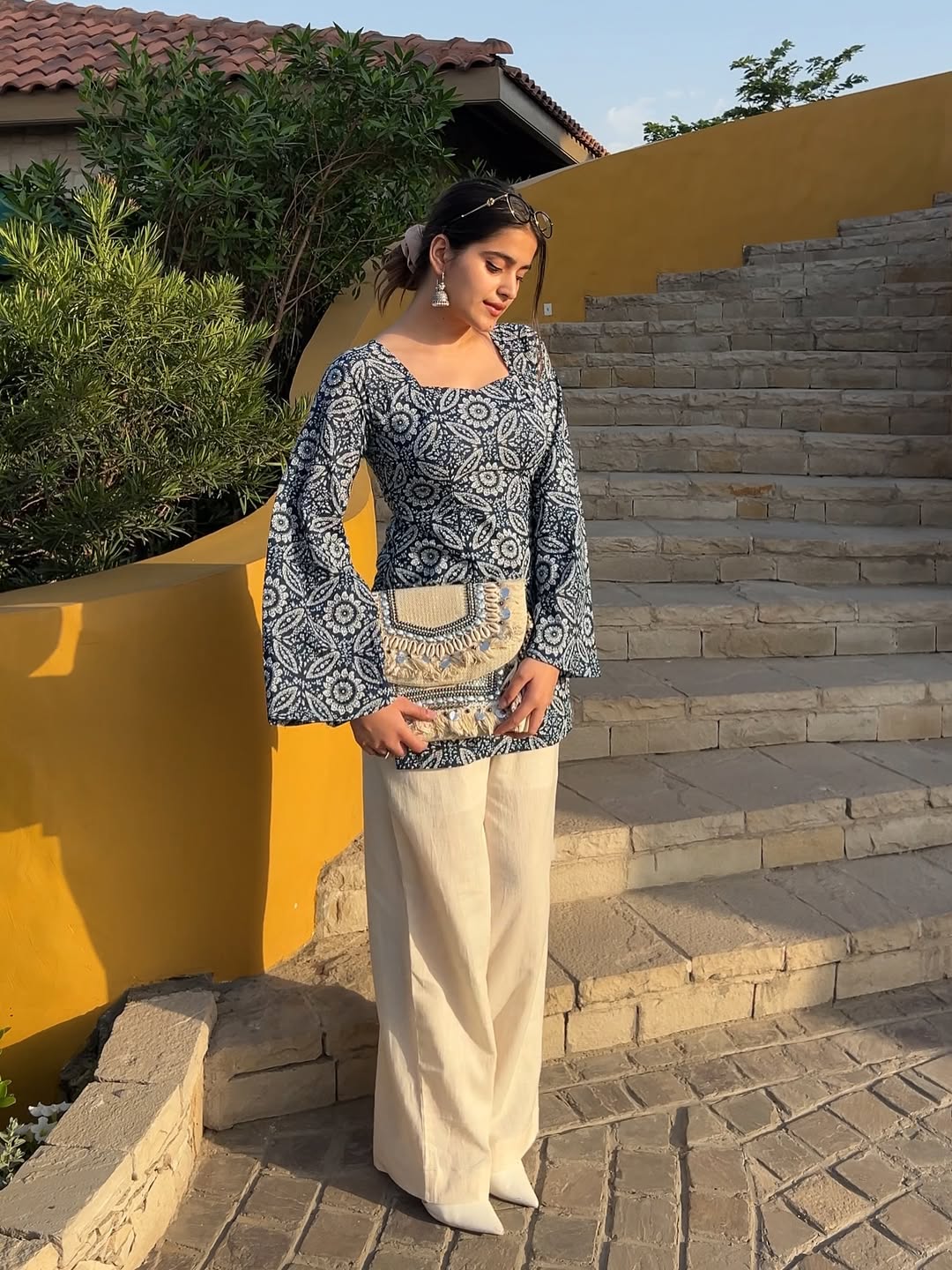 Blue Printed Cotton Straight Short Kurti